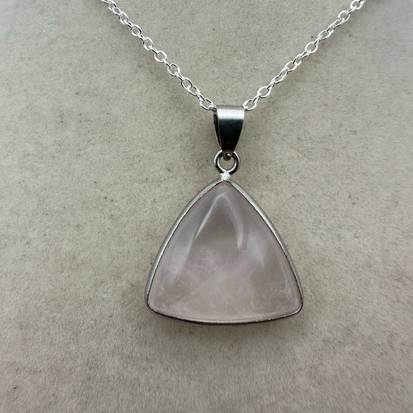 SOLD Triangle Rose Quartz Pendant Necklace on Box Chain - Picture 6 of 10